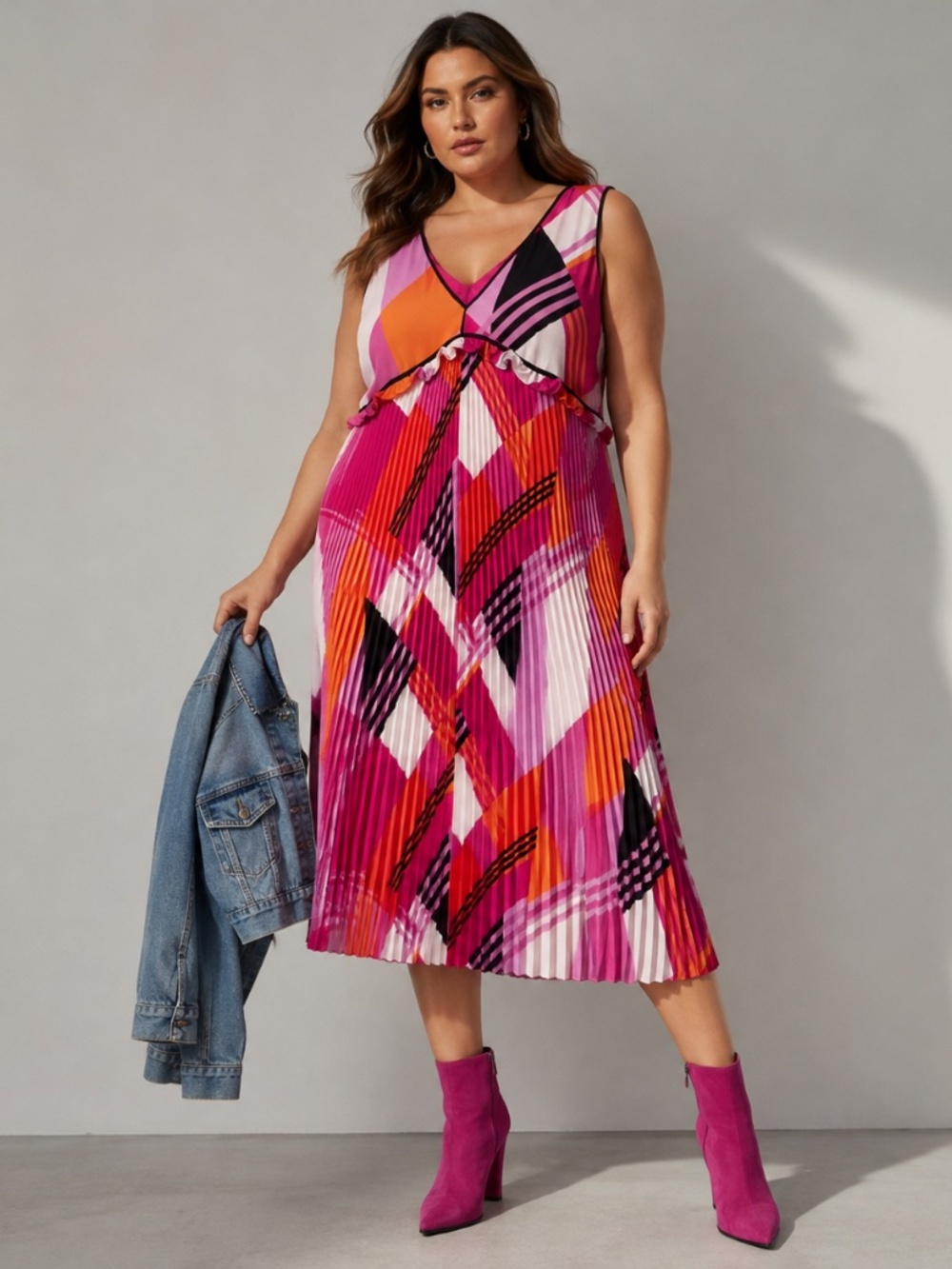 Karl Lagerfeld Paris Pleated Geometric Midi Dress Pink Orange Sz16 Party Resort